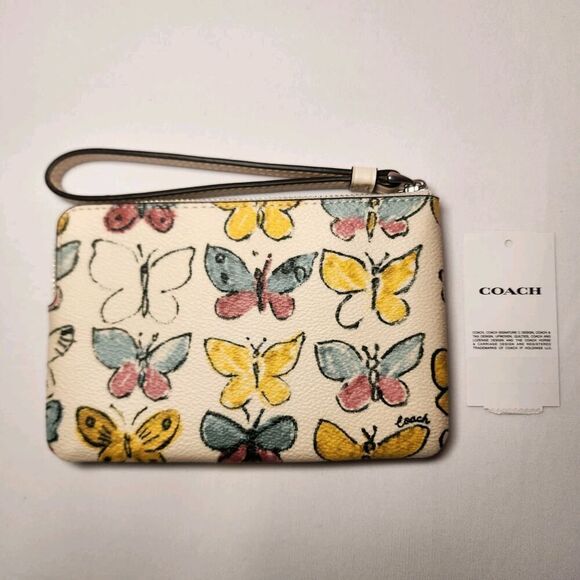 NWT Coach CAQ55 Corner Zip Wristlet Chalk Yellow Butterfly Printed Canvas V3 - Picture 3 of 3